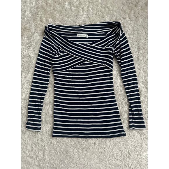 Abercrombie & Fitch Medium Navy Blue White Striped Off The Shoulder Top Ribbed - Picture 2 of 7